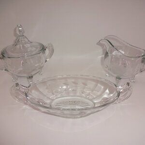 4 Pc Set Vintage Clear Glass Etched Flowers Sugar Bowl & Lid Creamer & Dish